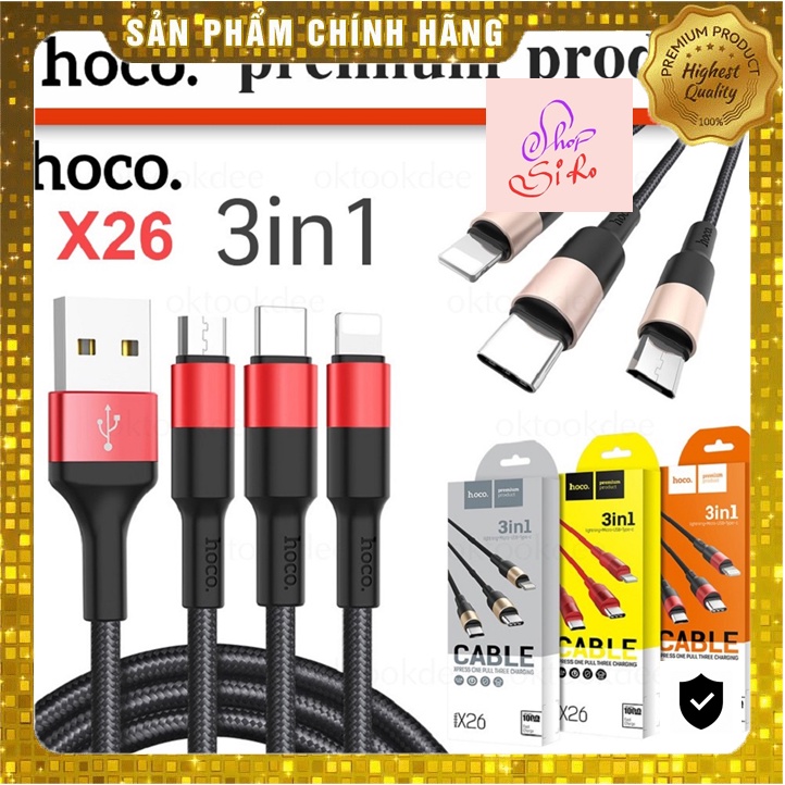 Cáp sạc 3 đầu Hoco dây dù X26