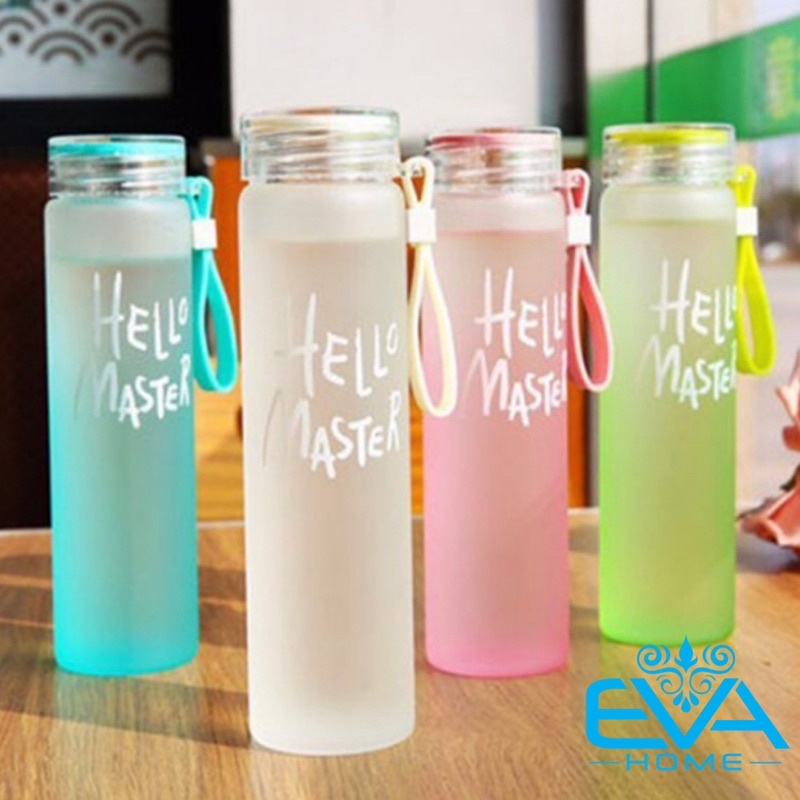 Bình Đựng Nước Thủy Tinh Màu Mờ In Chữ Hello Master Kèm Dây Xách 450 Ml