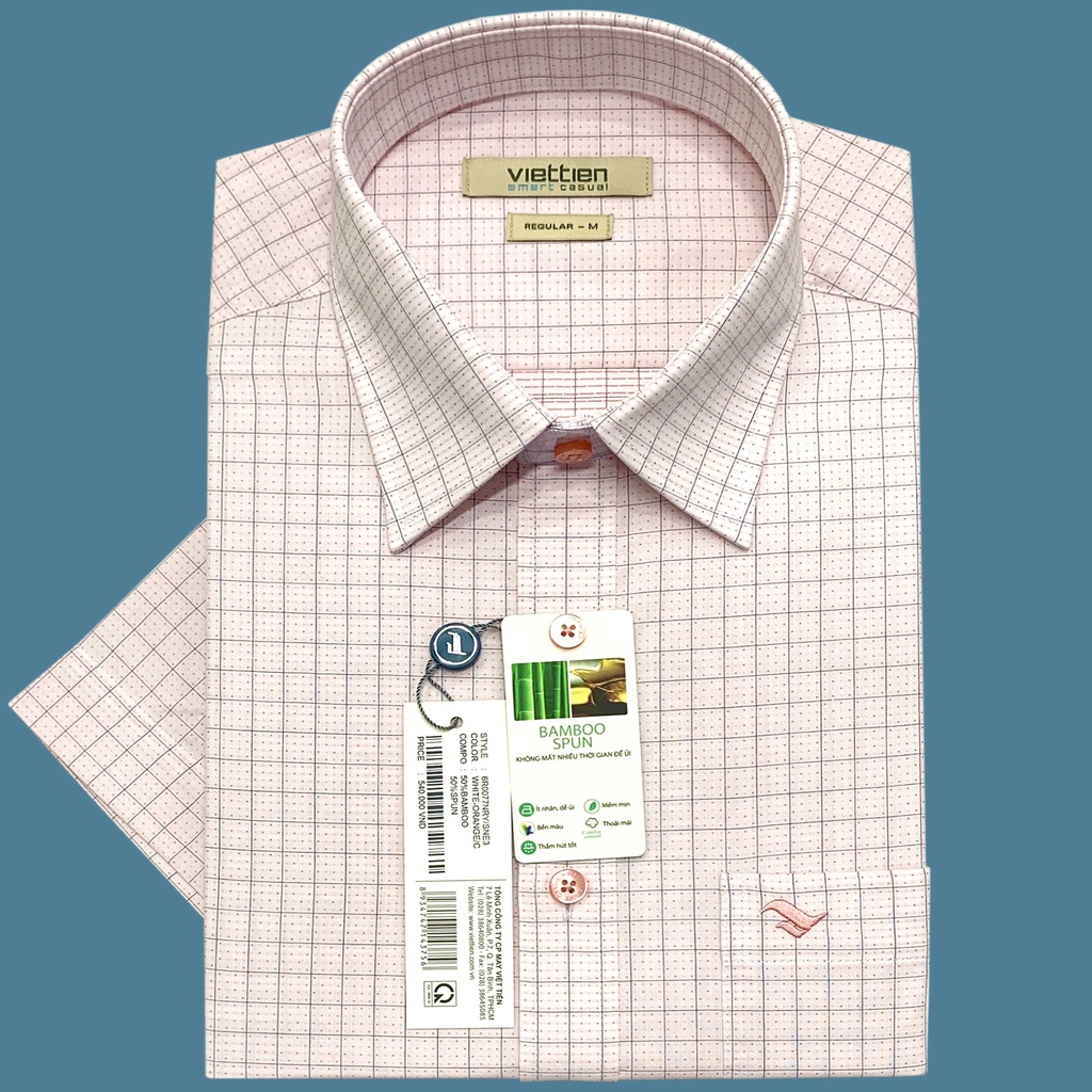 Viettien - Áo sơ mi nam ngắn tay xẻ tà lai ngang ca rô họa tiết 6R0077 regular