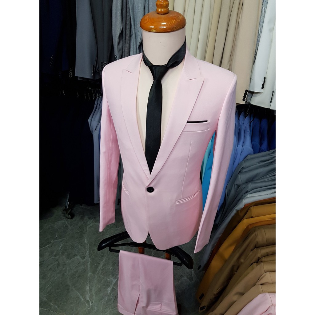 Bộ vest nam form ôm body chất liệu vải mềm mịn màu hồng + cà vạt nơ