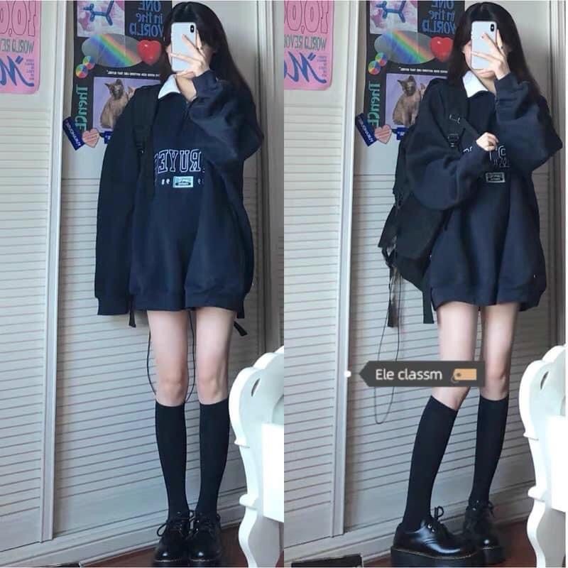 Áo Nỉ PoLo Khoá Cổ Áo Nỉ Nữ Sweater Xanh Than Cao Cổ Dài Tay Bồng Form Rộng Cá Tính Ulzzang | BigBuy360 - bigbuy360.vn