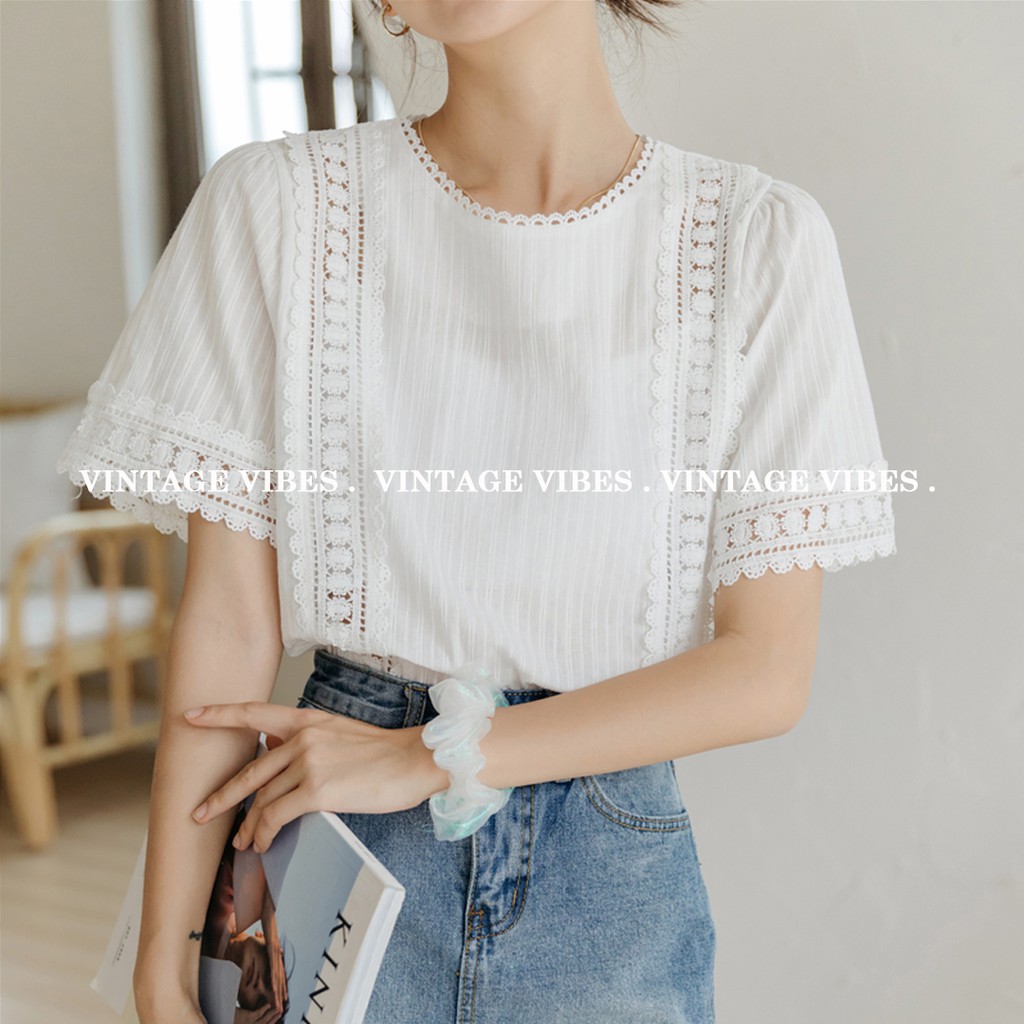 Áo babydoll cổ viền ren ngắn tay tiểu thư (hàng QC) - Ảnh thật