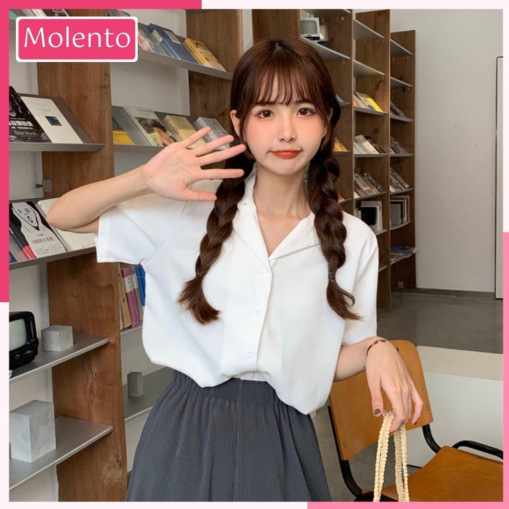 Áo Sơ Mi Nữ Cộc Tay Cổ Vest From Rộng Kiểu Hàn Quốc Đẹp Có Size Chất Đũi Tơ Nhẹ Thoáng Mát Không Bám Dính Molento M118