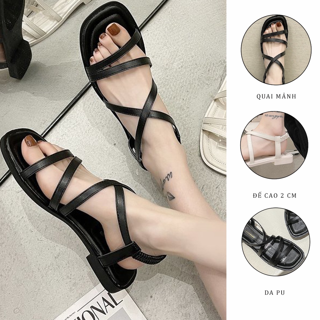 Giày Sandal Nữ Ulzzang Vintage, Dép Quai Hậu Da Dây Mảnh Đan Chéo Đế Cao 2cm Trắng/Đen Hàn Quốc - Iclassy_shoes