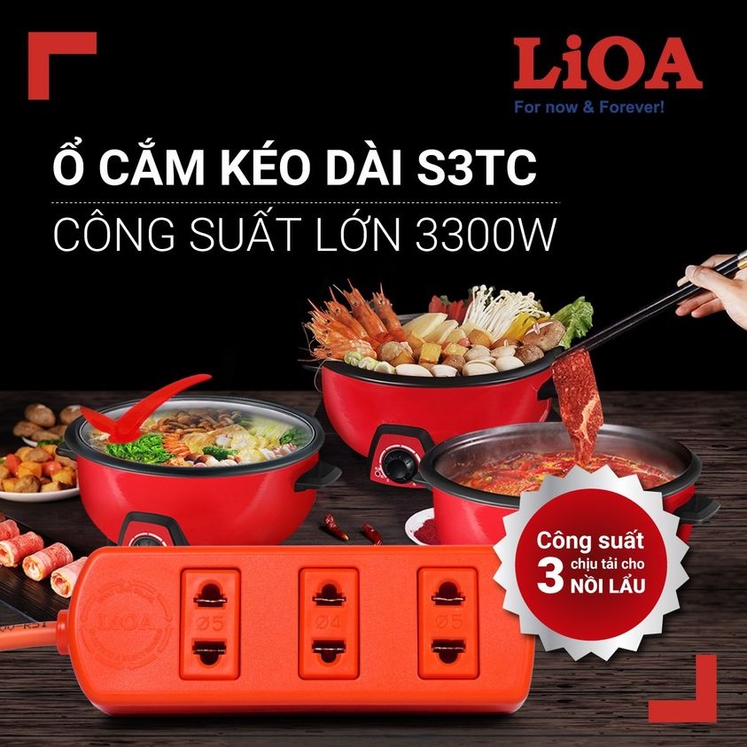 Ổ cắm điện LIOA 3 ổ Công suất lớn chịu tải 3 nồi lẩu S3TC 3m