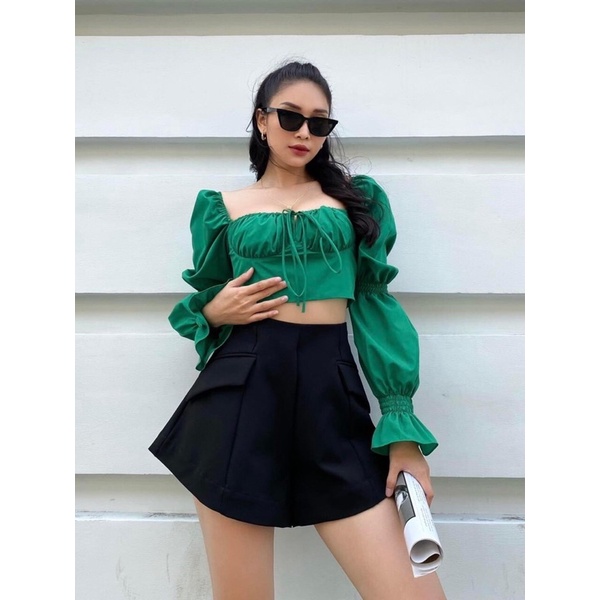 Áo xanh lá croptop cup ngực tay khúc