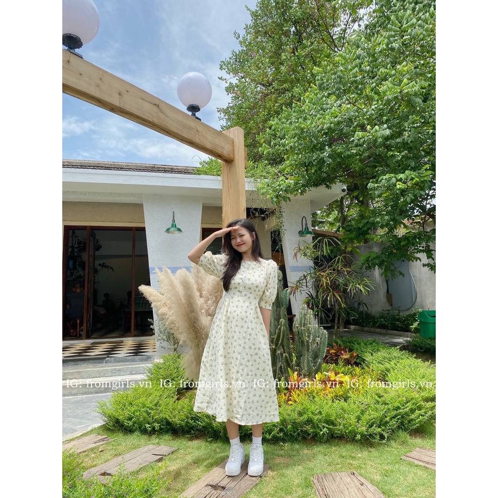 Váy hoa nhí vintage, đầm hoa nhí dáng dài tay phồng có dây buộc eo brown.clothes  - V55