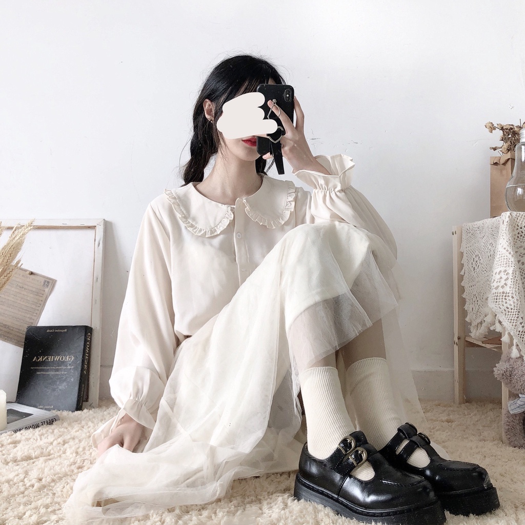 Áo Sơ Mi Tay Dài Cổ Búp Bê Phối Ren Mềm Mại Dáng Rộng Kiểu Nhật Hàn Thời Trang Xuân Hè Cho Nữ