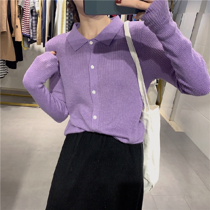 Áo ZHELIHANGFEI vải dệt kim cổ bẻ tay dài phong cách sang trọng