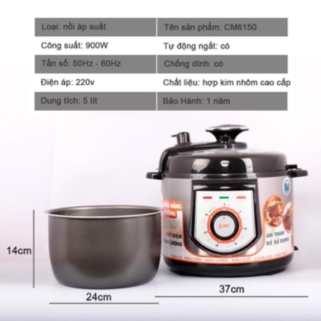 Nồi Áp Suất  Thương Hiệu Comet Chính Hãng Lòng Nồi Chống Dính Công Nghệ Mỹ An Toàn Tiết Kiệm Điện