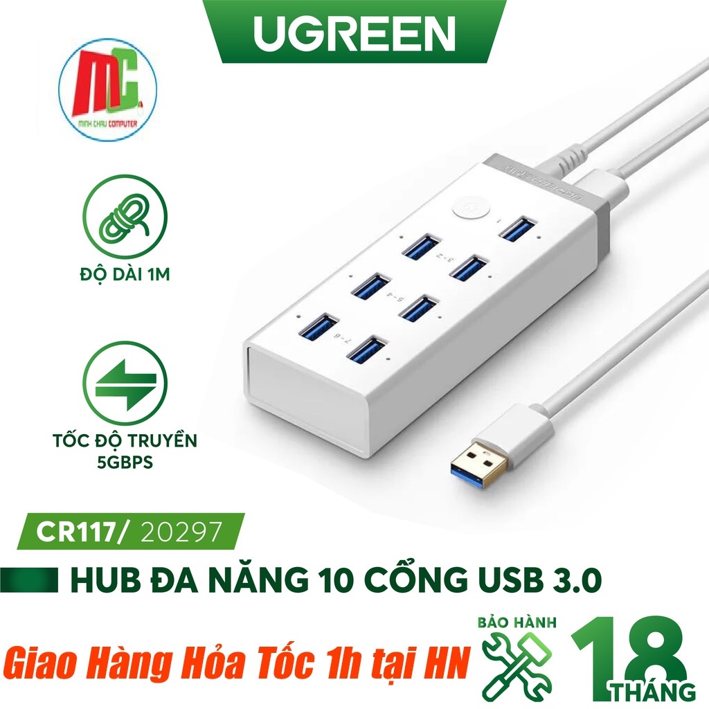 Bộ Chia USB 3.0 10 Cổng Cao Cấp Có Nguồn rời 12V-4A Ugreen 20297 - Hàng Chính Hãng