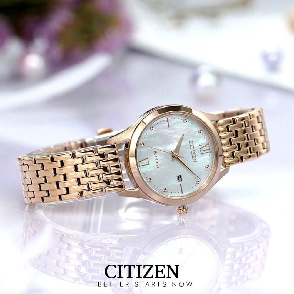 Đồng Hồ Citizen Nữ Dây Kim Loại Máy Eco-Drive EW2533-89D - Mặt Xà Cừ