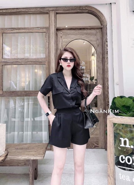 Bán sỉ set áo đũi cổ véc mix quần sooc cạp cao