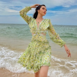 Đầm hoa xòe khoét eo MILINAA tay phồng chất voan mềm phù hợp đi biển đi du lịch C2426 ( SAGA DRESS)