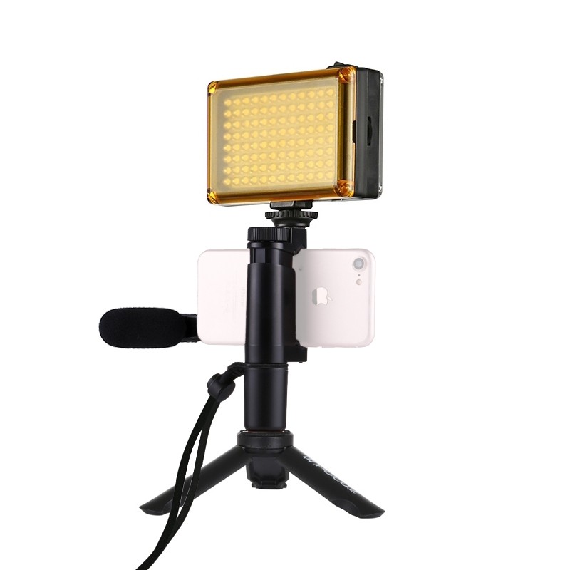 Tay cầm điện thoại chống rung F-Mount đế 3 chân - đèn Led 96 bóng - Microphone PU3017 Puluz