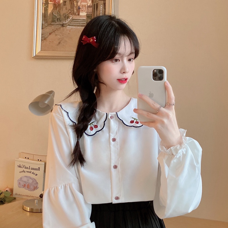 SUXI Áo sơ mi dài tay ống loe thêu họa tiết quả cherry phong cách Hàn Quốc hợp thời trang