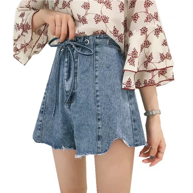 (Order) Có bigsize Quần short jeans cạp dập lỗ tròn luôn dây buộc, gấu rách 2019 Quảng Châu