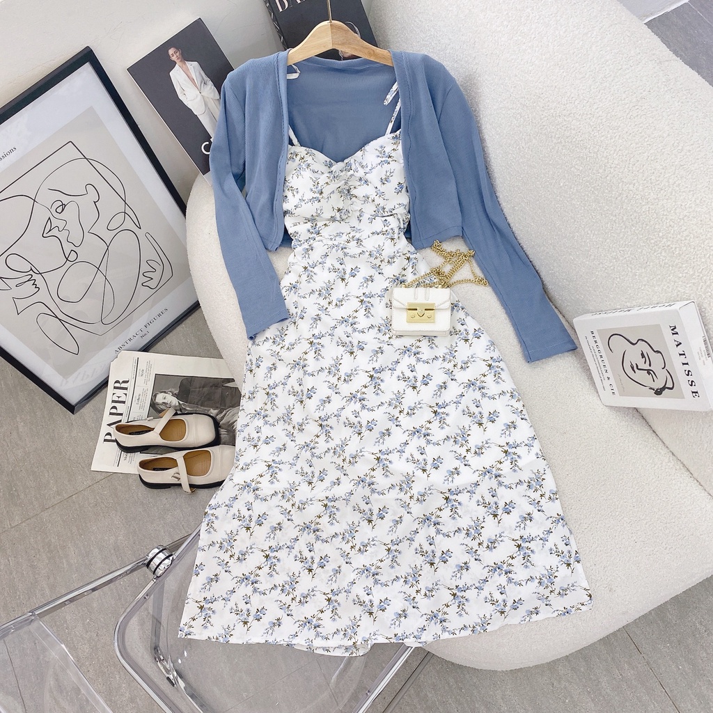 SET ĐẦM MIDI NHÍU NGỰC XẺ HOA KHOÁC XANH