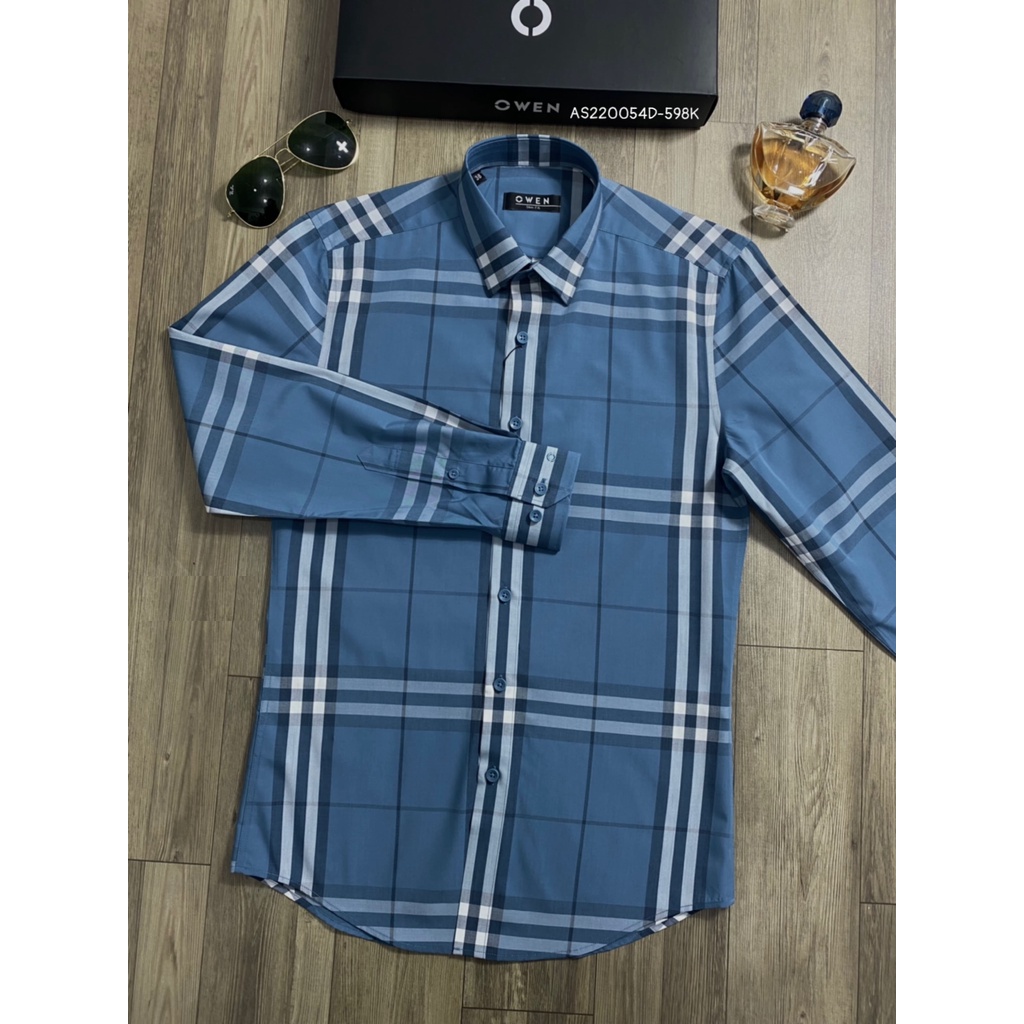 Áo Sơ Mi Nam Dài Tay OWEN AS220054D Somi Công Sở Vải Sợi Tre Cao Cấp Màu Kẻ Caro Lớn Xanh Xám Dáng Ôm Tà Lượn Không Túi