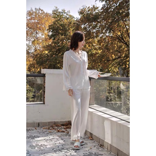 Bộ Ngủ Lụa, Bộ Mặc Nhà Pyjama Lụa Ren Tiểu Thư Dài Tay