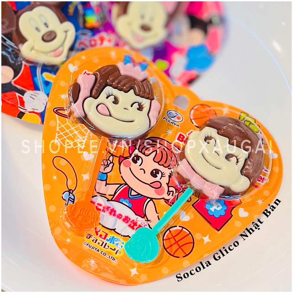 Set 2 Kẹo Mút Socola Glico Nhật Bản Hình Mickey & Minnie Đáng Yêu