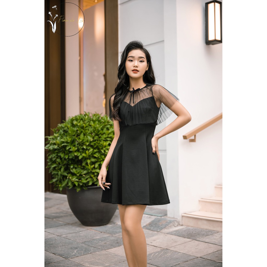 Black mini dress with pleated lace neck
