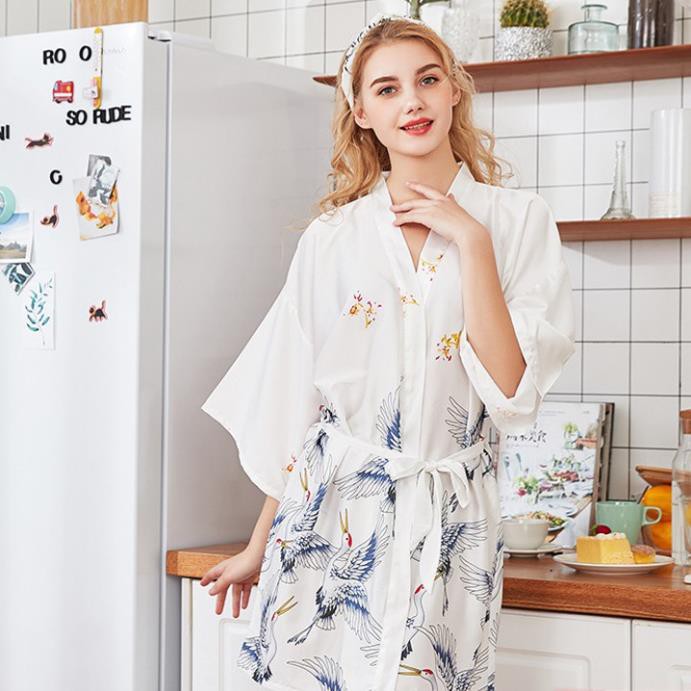 Áo choàng ngủ lụa cao cấp kiểu kimono in hình chim hạt sang trọng Thư Thư [HÀNG CAO CẤP] | BigBuy360 - bigbuy360.vn