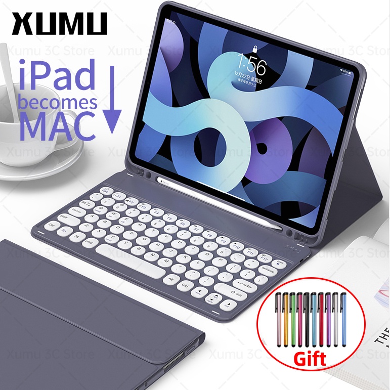 Xumu Magic Wireless Bluetooth No LED light Backlit Round Keycap Button Key Without Touchpad keyboard Case For iPad Pro 11 2021 Air 3 10.5 8th 9th Gen 10.2 6th Gen 9.7 mini 6 Air 4 4th Gen 10.9 inch 2018 2020 Backlight With Pen Slot Detachable Holder Cover