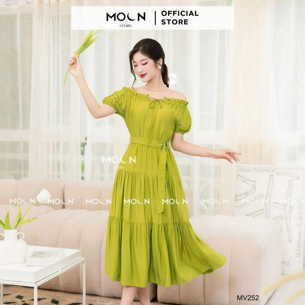 Váy dài nữ 𝐌𝐎𝐎𝐍 liền thân trễ vai, đầm xòe thiết kế thắt eo dáng dài sang chảnh chất đũi cao cấp MV252