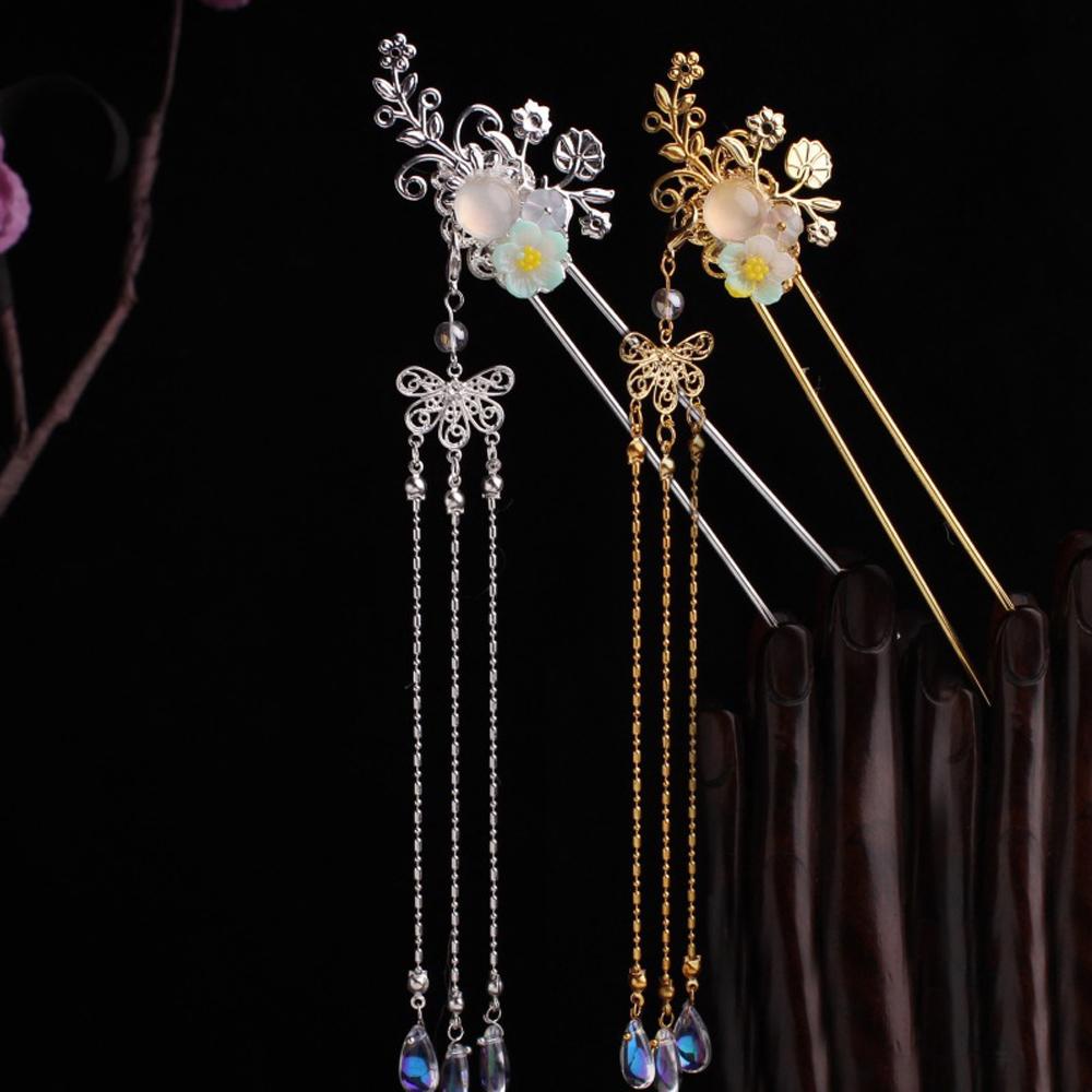 Trâm Cài Tóc Cô Dâu Đính Hoa Và Bướm Tua Rua Phong Cách Trung Hoa|Phụ Kiện Cài Tóc Khi Mặc Hán Phục Xinh Xắn