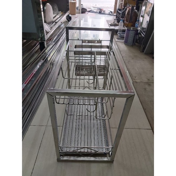Cài dao thớt inox 304 ray âm chấn kèm ống đũa và khay hứng nước (kích thước tính phủ bì cả ray)