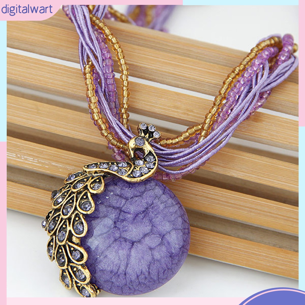 Vòng cổ Mặt Tròn Hình Chim Công Đính Đá Opal Nhân Tạo Phong Cách Bohemian