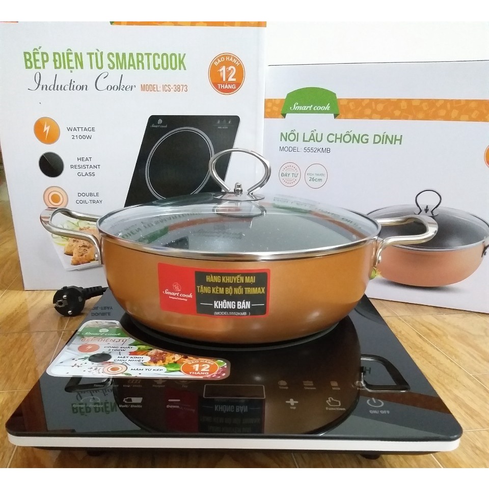 ✢Bếp Từ đơn Elmich Smartcook ICS 3873 Tặng kèm nồi lẩu vân đá cao cấp 26cm, Mặt kính cường lực Ceramic