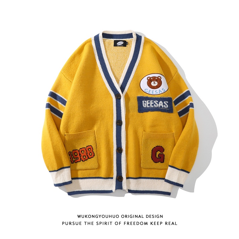 Áo khoác cardigan len dệt kim dáng rộng họa tiết gấu hoạt hình phong cách Nhật Bản retro thời trang cho cặp đôi