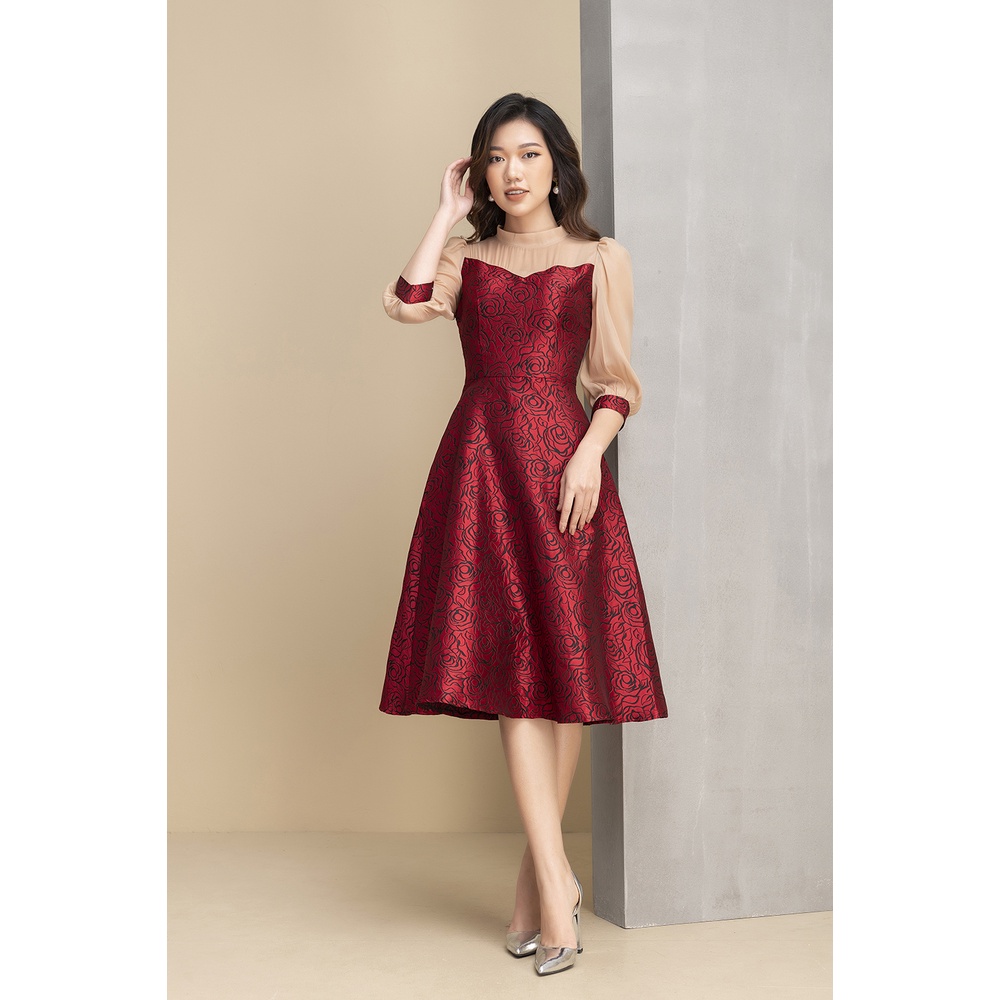 Váy Gấm Chữ A Xòe Nhẹ Phối Tay Thương Hiệu Luperi LFV3252