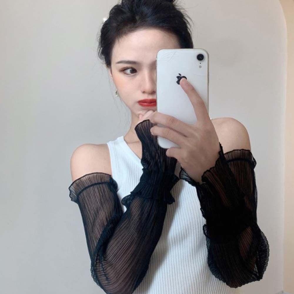 QQMALL Găng Tay Ren Dài Hở Ngón Chống Nắng Bảo Vệ Khỏi Tia UV Hình Lá Sen Đáng Yêu Dành Cho Đi Xe Đạp