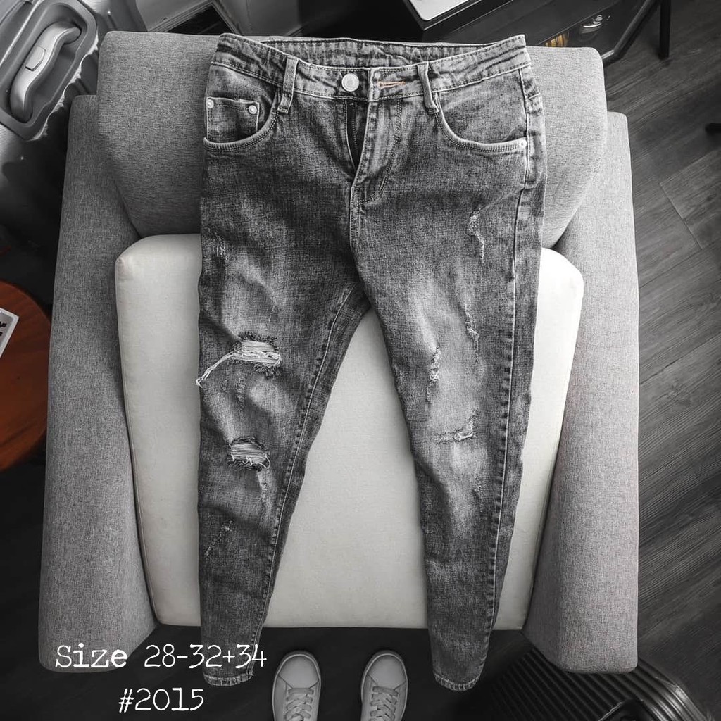 Quần Jean Nam Cao Cấp Co Dãn ms2015 Xám Trắng Rách Nhẹ Hàn Quốc_fashionneww