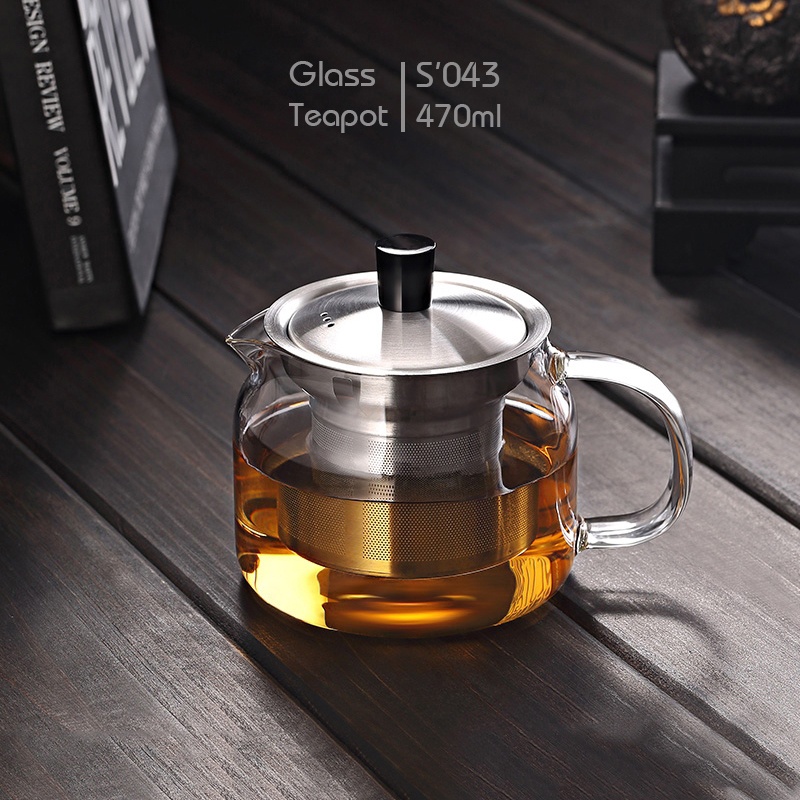 Bình trà thủy tinh lõi inox 470ml S043 - Ấm trà thủy tinh chịu nhiệt có lọc bằng Inox Samahome.