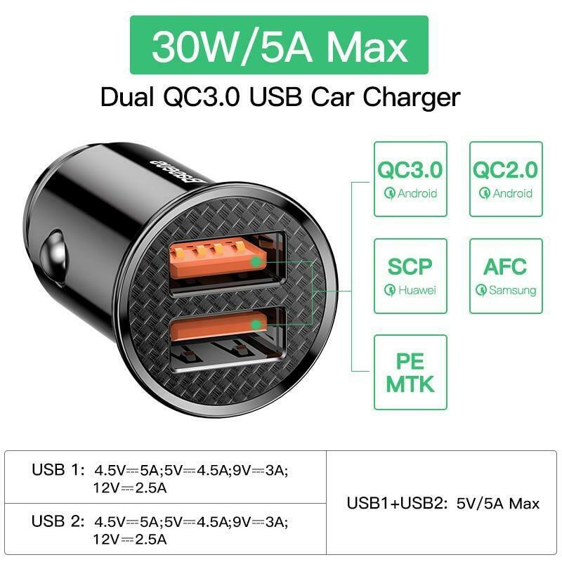 Tẩu sạc nhanh trên ô tô, xe hơi Baseus công suất 30W 2 cổng USB/USB + C, Sạc nhanh QC 4.0 cho điện thoại, t/bị điện tử..