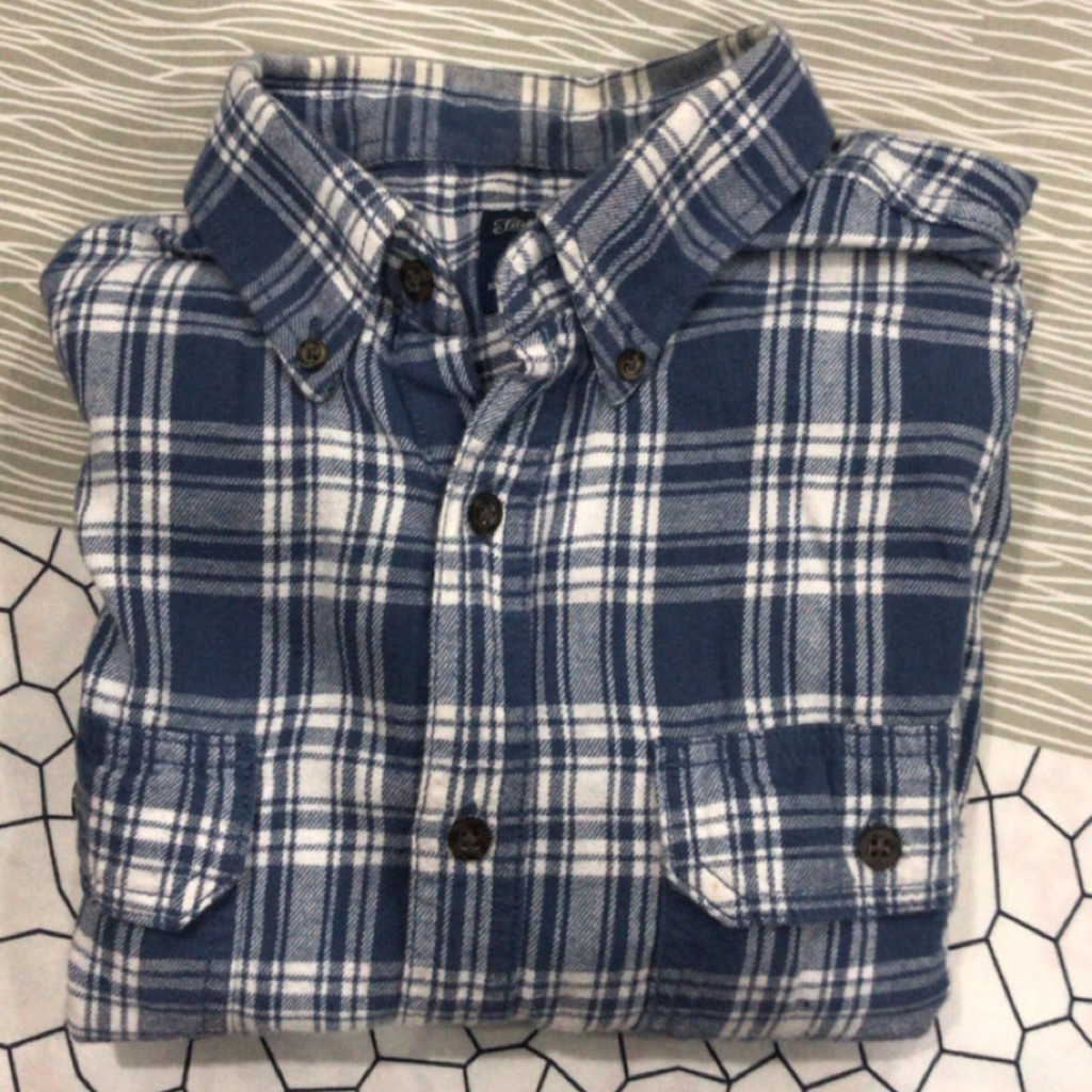 [Góc Pass Đồ] Áo Sơ Mi Flannel 2Hand 2 Túi Sọc Xanh Trắng