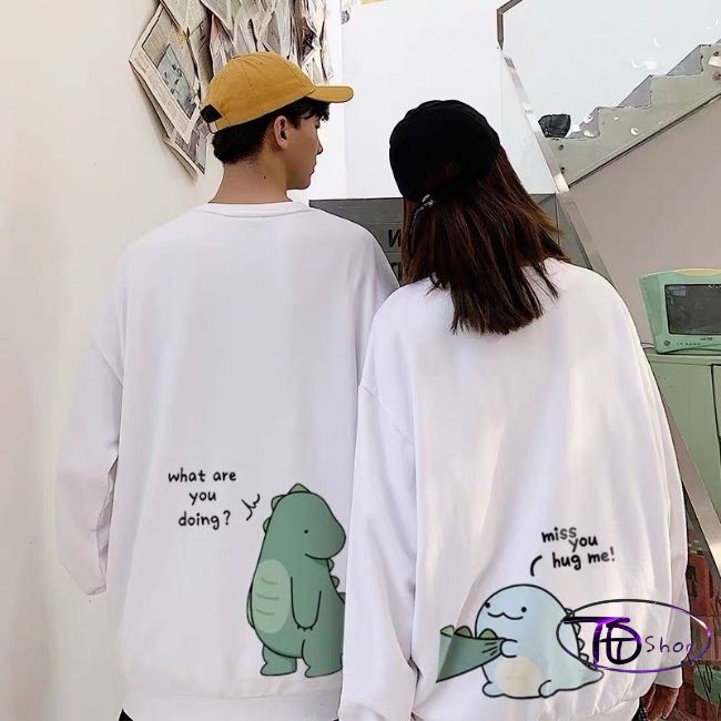 Áo Nỉ ⚜️ Áo Cặp⚜️ Đồ Đôi Nỉ Bông tay dài cổ tròn tình yêu khủng long Hot 2020 Cao cấp loại 1 | BigBuy360 - bigbuy360.vn