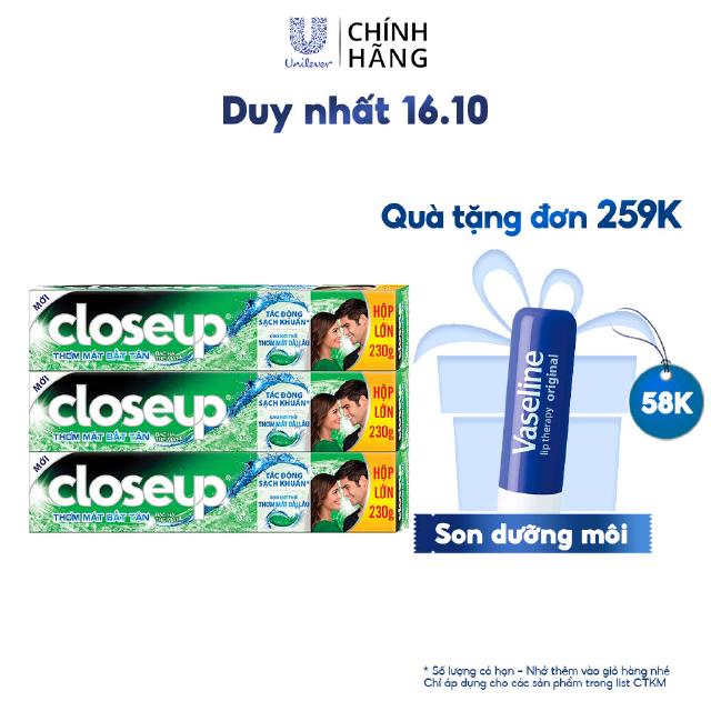 Combo 3 Kem đánh răng dạng gel giúp sạch khuẩn Closeup Thơm Mát Bất Tận Bạc Hà The Mát 230g cho hơi thở thơm mát dài lâu