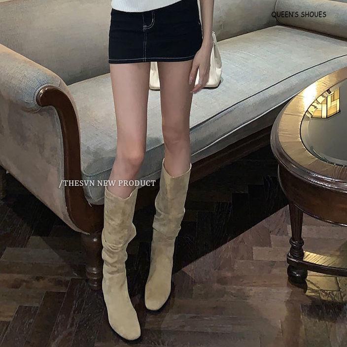 Giày Bốt Da Lộn Gót Dày Mũi Nhọn Phong Cách Âu Mỹ Cá Tính Cho Nữ