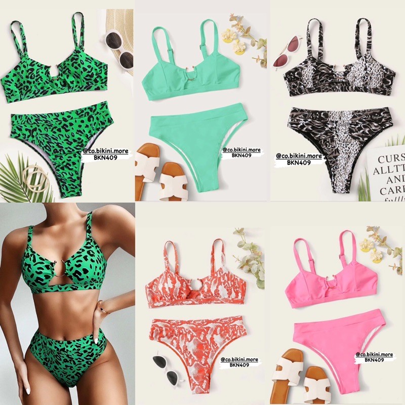 [BKN409] &lt;ÂU&gt; SET BIKINI KHUY NGỰC 5 MÀU (CẠP CAO) [XANH BEO/CAM/HỒNG/XANH MINT/ĐEN LOANG]