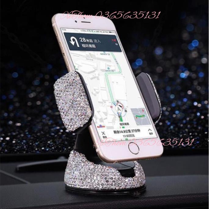 Kẹp Điện Thoại Đính Đá 360 Gắn Taplo, Đế Hít Chân Không Xe Ô Tô - Đính Đá Đẹp