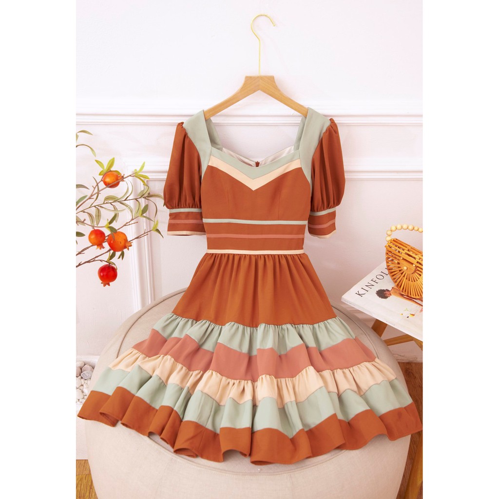 [Mã SKAMSALEP6 giảm 10% tối đa 100K đơn 150K] SÒ VINTAGE - OTIS Đầm xòe phối màu tay phồng