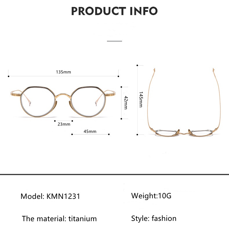 Mắt Kính Thời Trang Nhật Bản Siêu Nhẹ Gọng Titan Màu Vàng/Bạc KMN1231 Siêu Nhẹ