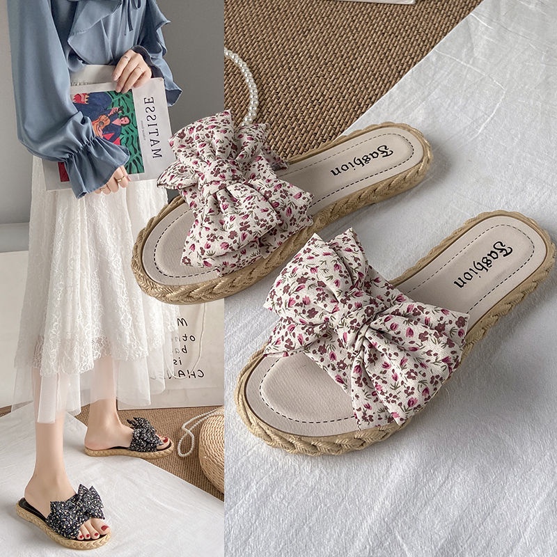 Dép Sandal Đế Bằng Đính Nơ Thời Trang Dễ Phối Đồ Cho Nữ