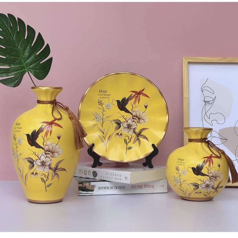 Bộ Lọ Decor 3 Món Bình Hút Lộc Trang Trí Tặng Kèm Kệ Đĩa Dây Buộc