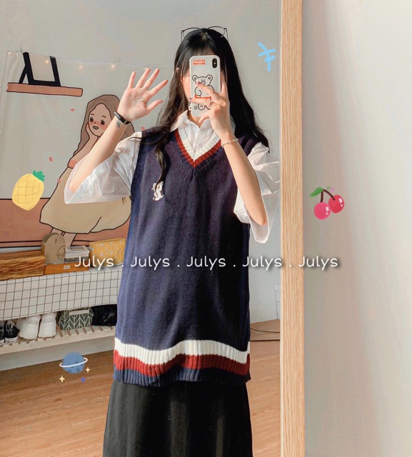 Áo gile len thêu hình mèo